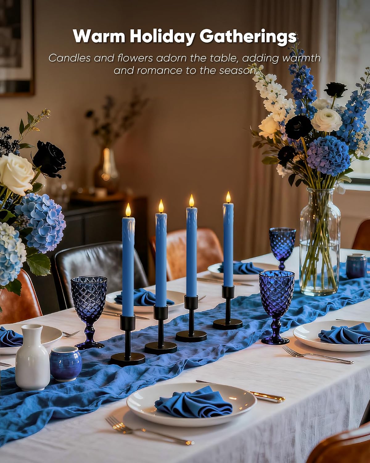 Homemory 6 Pcs Real Wax Blue Flameless Taper Candles with Remote Timer, 9.6 Inches LED Fake Candlesticks, LED Candle