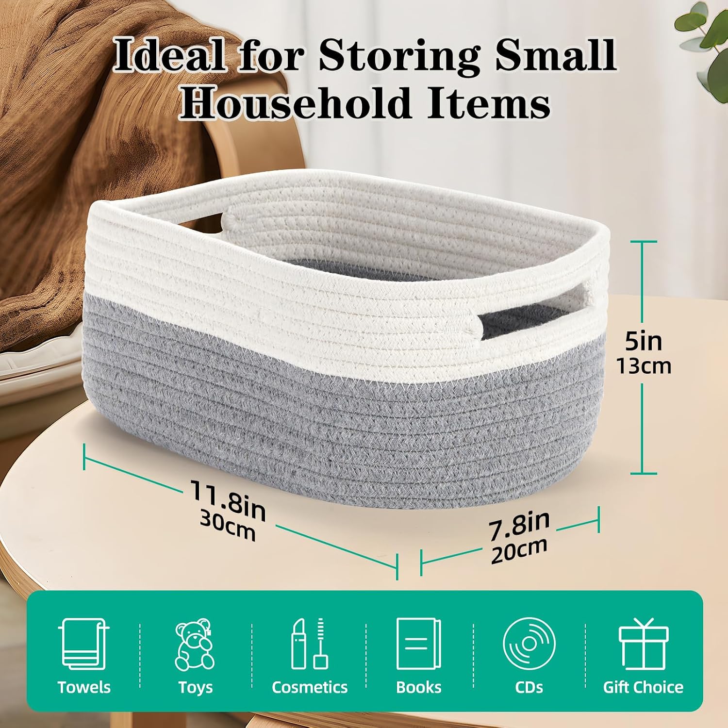 Small Cotton Rope Storage Baskets for Organizing Woven / 11.8 x 7.8 x 5 / White&grey / Set of 3