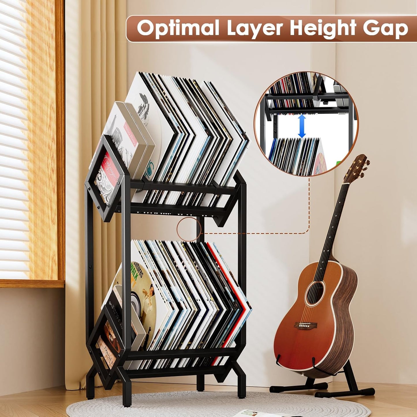 Vinyl Record Storage Rack, Record Holder 160-200 LP Storage Shelf Display Stand for Albums Books Magazines Files, Matte
