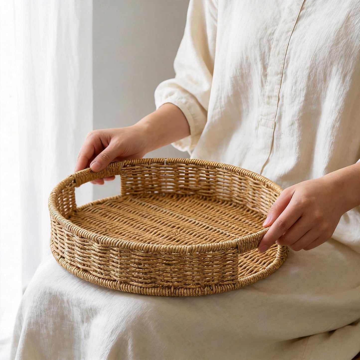 Round PP Rattan Serving Tray / Polypropylene Rattan / 11.8