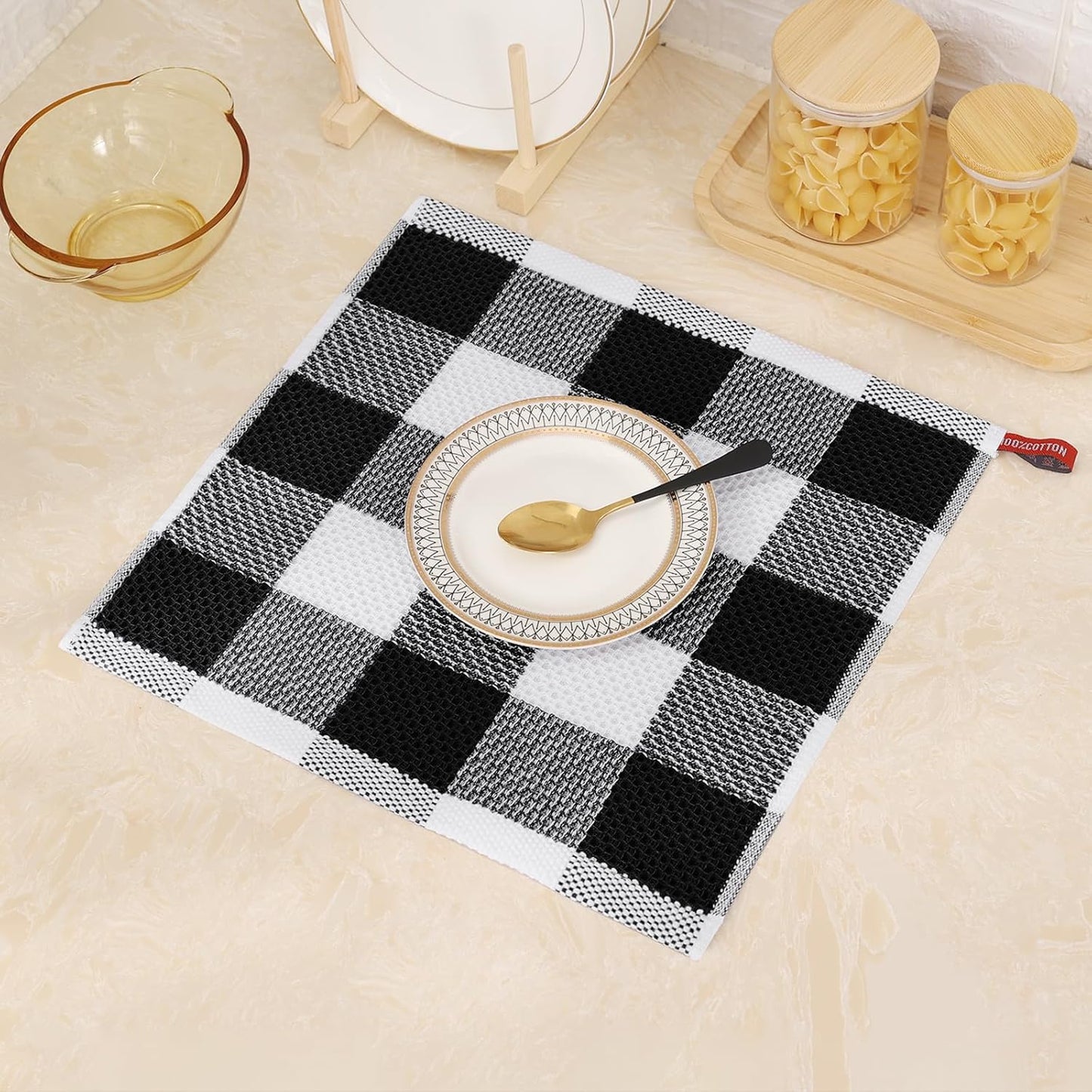 Mordimy Cotton Waffle Weave Dish Cloths, 12"x 12", 12 Pack, Black & White | Super Soft and Absorbent Quick Drying