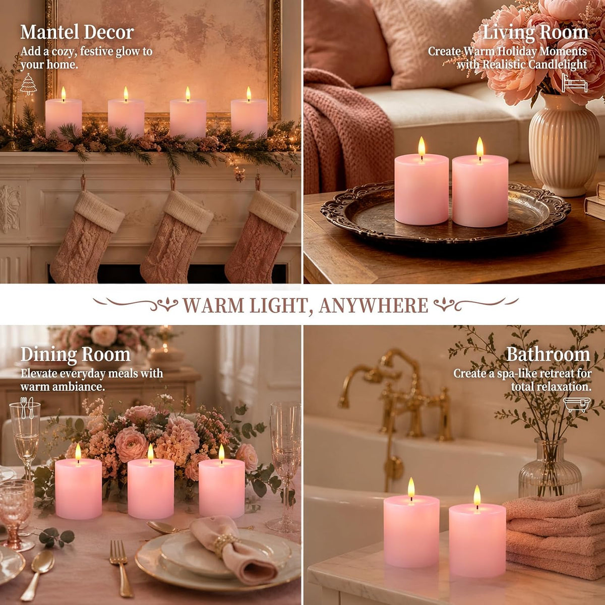 Homemory 3x3 Pink Flameless Candles Battery Operated with Remote Timer | Real Wax LED Pillar Candle with 3D Wick Flame