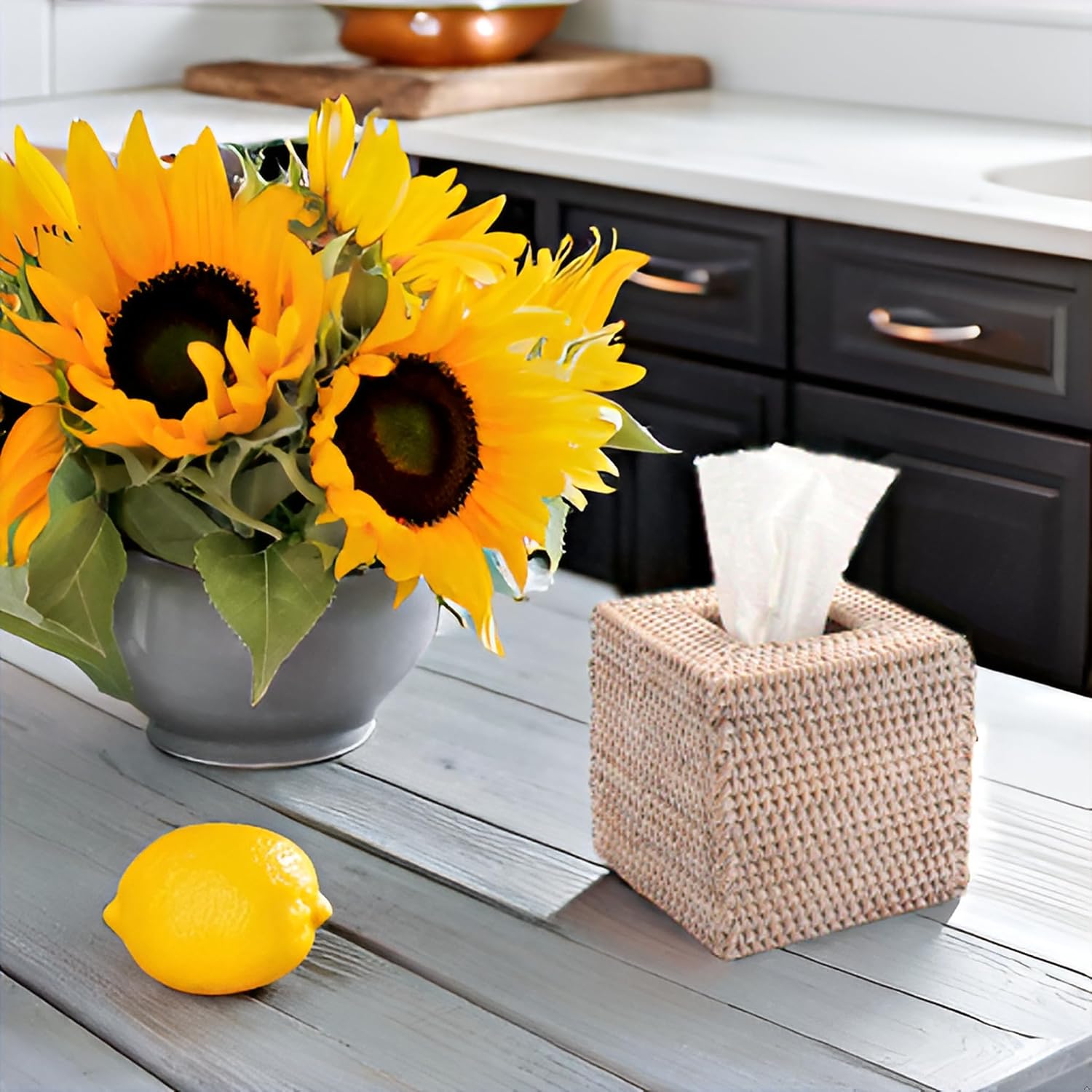 Wicker Tissue Box Holder / Whitewash