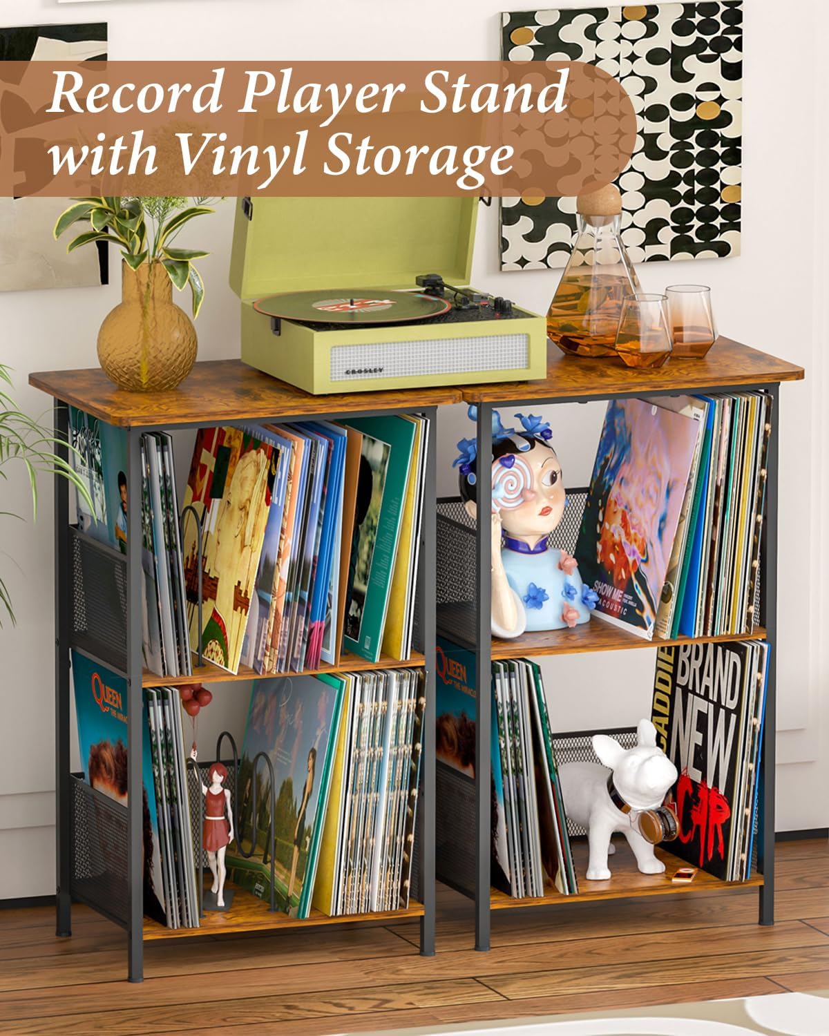 Honkazita 3 Tier Vinyl Record Storage Table Wooden Turntable Stand | holds up to 200 albums, now playing vinyl record