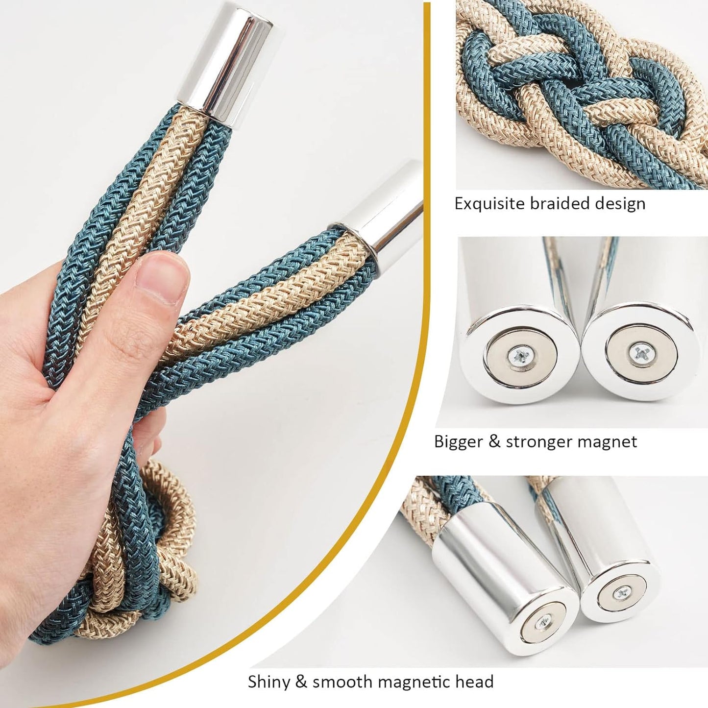 NICEEC 4 Pack Strong Magnetic Curtain Tiebacks Upgrade Nordic Simple Style Drape Tie Backs Double Color Weave Rope Knot