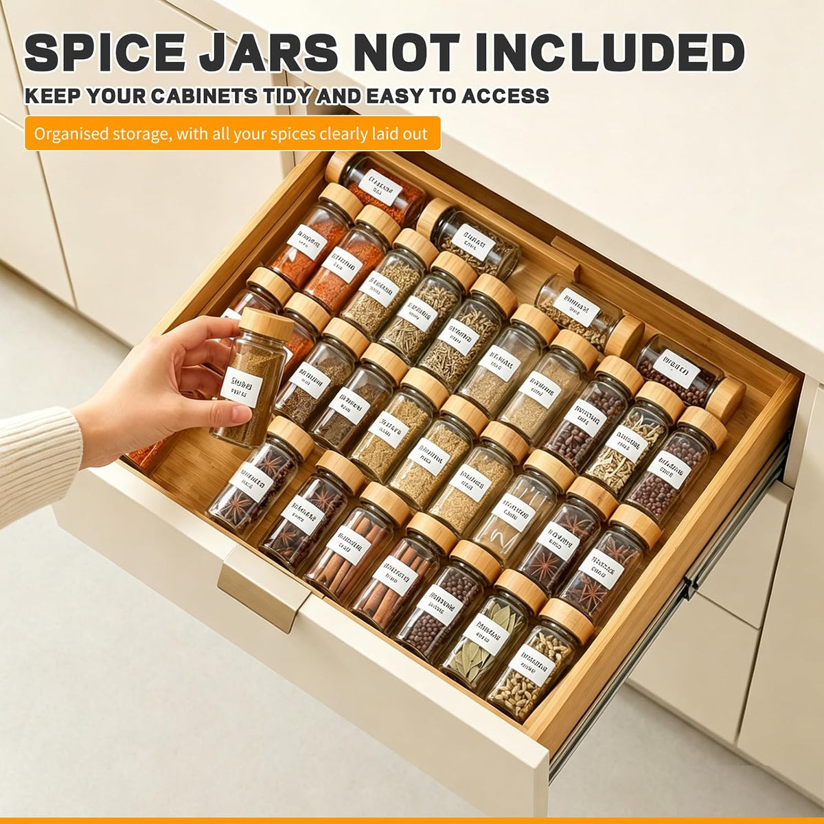 Bamboo Spice Drawer Organizer Expandable(Fits 2.6" Deep or Deeper Drawers), 4-Tier Spice Rack Drawer Insert for Kitchen