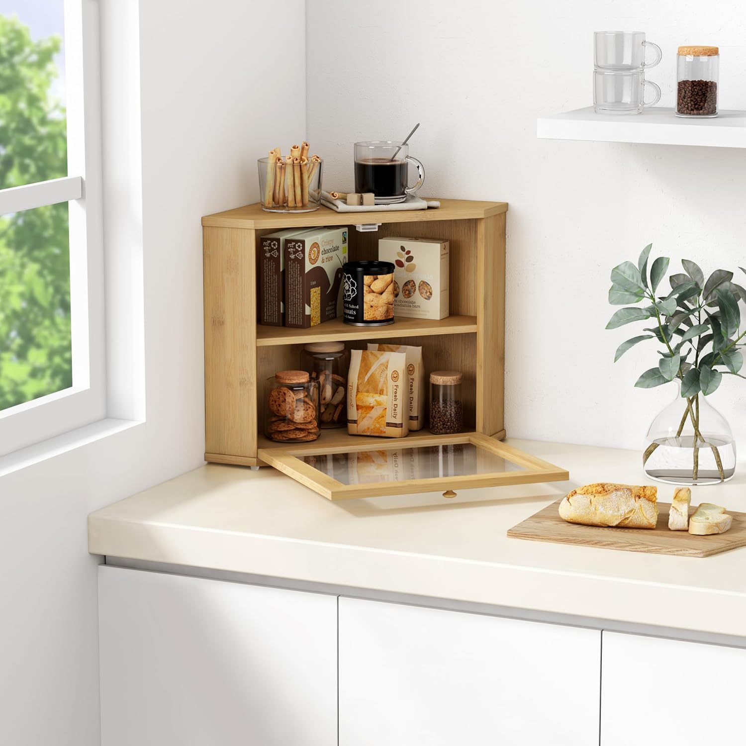 Goozii Bamboo Corner Bread Box for Kitchen Counter, 2 Tier Bread Keeper Wooden Round, Farmhouse Bread Storage Bin for