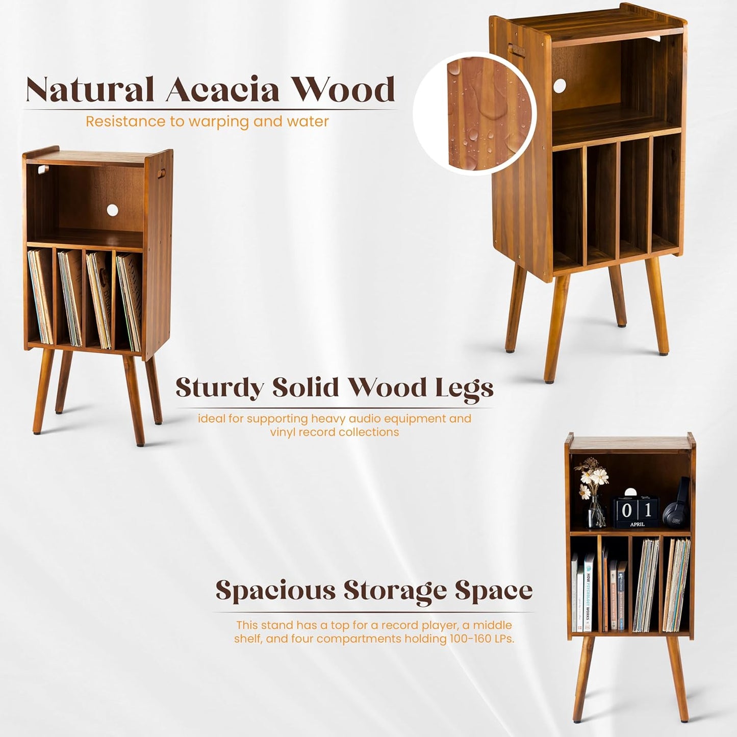 Wooden LP Record Player Stand, 3-Tier Turntable Stand Cabinet Holds up to 100 Albums, Metal Record Storage Holder and
