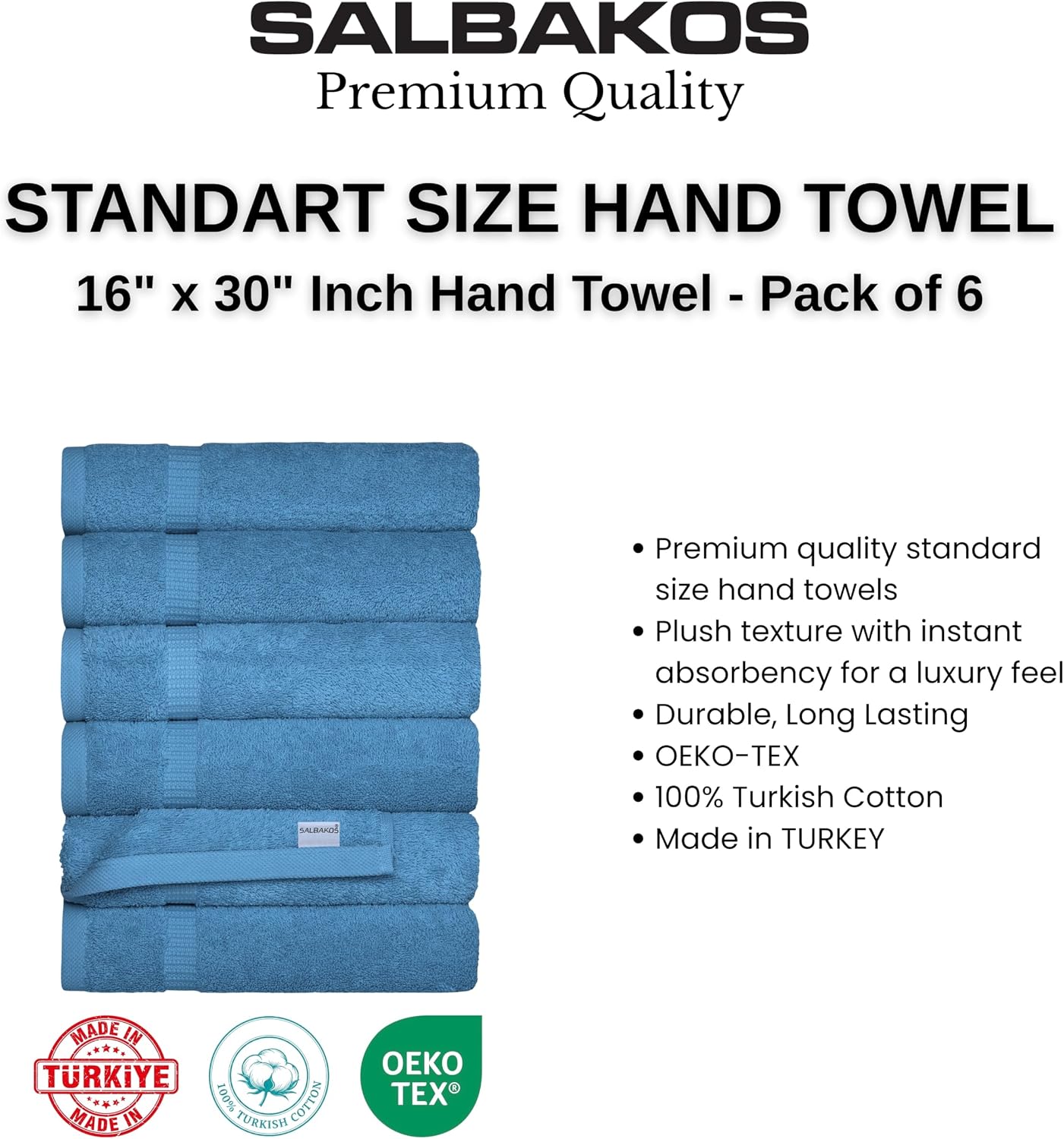 SALBAKOS 6-Piece 100% Turkish Cotton Hand Towels, 16x30 inch, Blue | Large Size Thick Super Soft Highly Absorbent