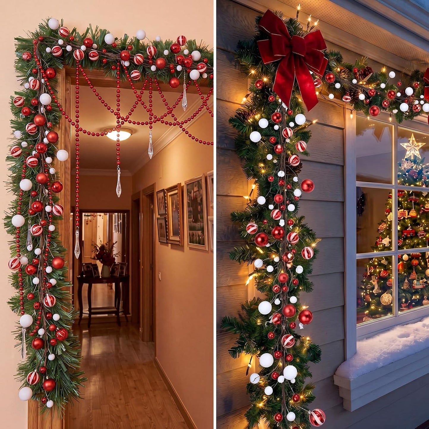WILLBOND 18 ft Red and White Christmas Ball Garland Ball Ornaments Hanging Baubles Ornament for Xmas Christmas Tree