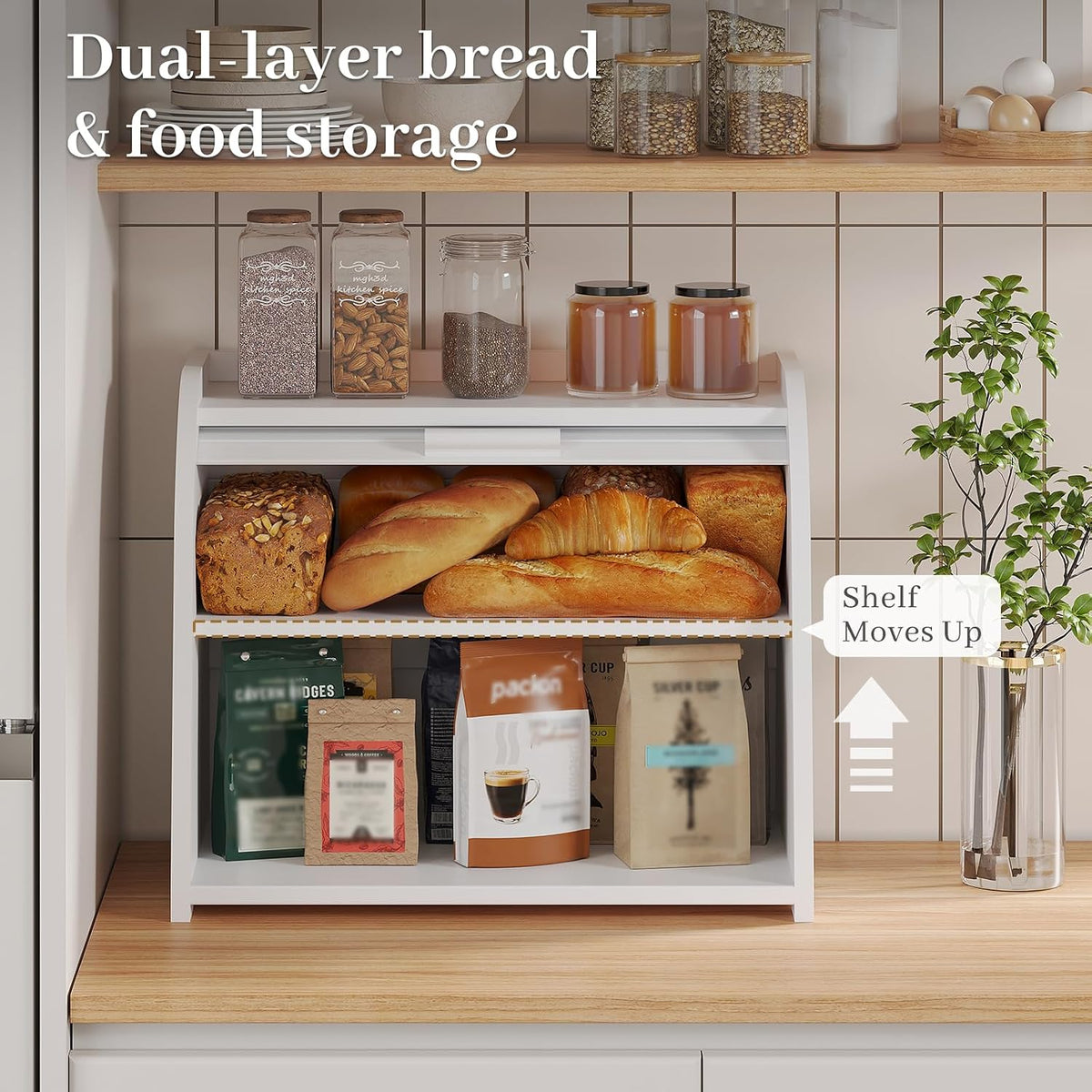 Kitsanery Bread Box for Kitchen Countertop, Bamboo Bread Storage, Double-Layer Roll-Top Bread Container, Farmhouse