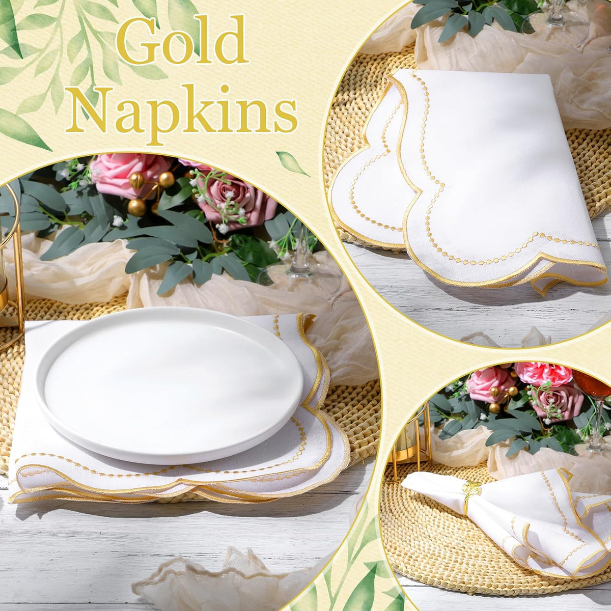 Hahafelt Cloth Napkins 18x18inches Scalloped Embroidery Cloth Napkins Washable Polyester Table Dinner for Hotel