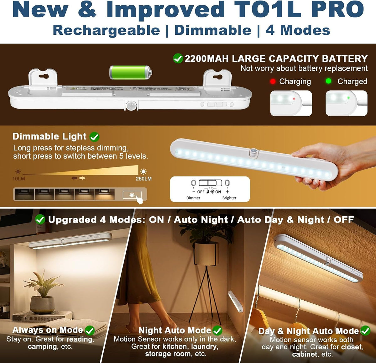 BLS Under Cabinet Lighting, 2200mah Rechargeable Closet Lights Motion Sensored, Battery Powered/DC Cable Plug in LED