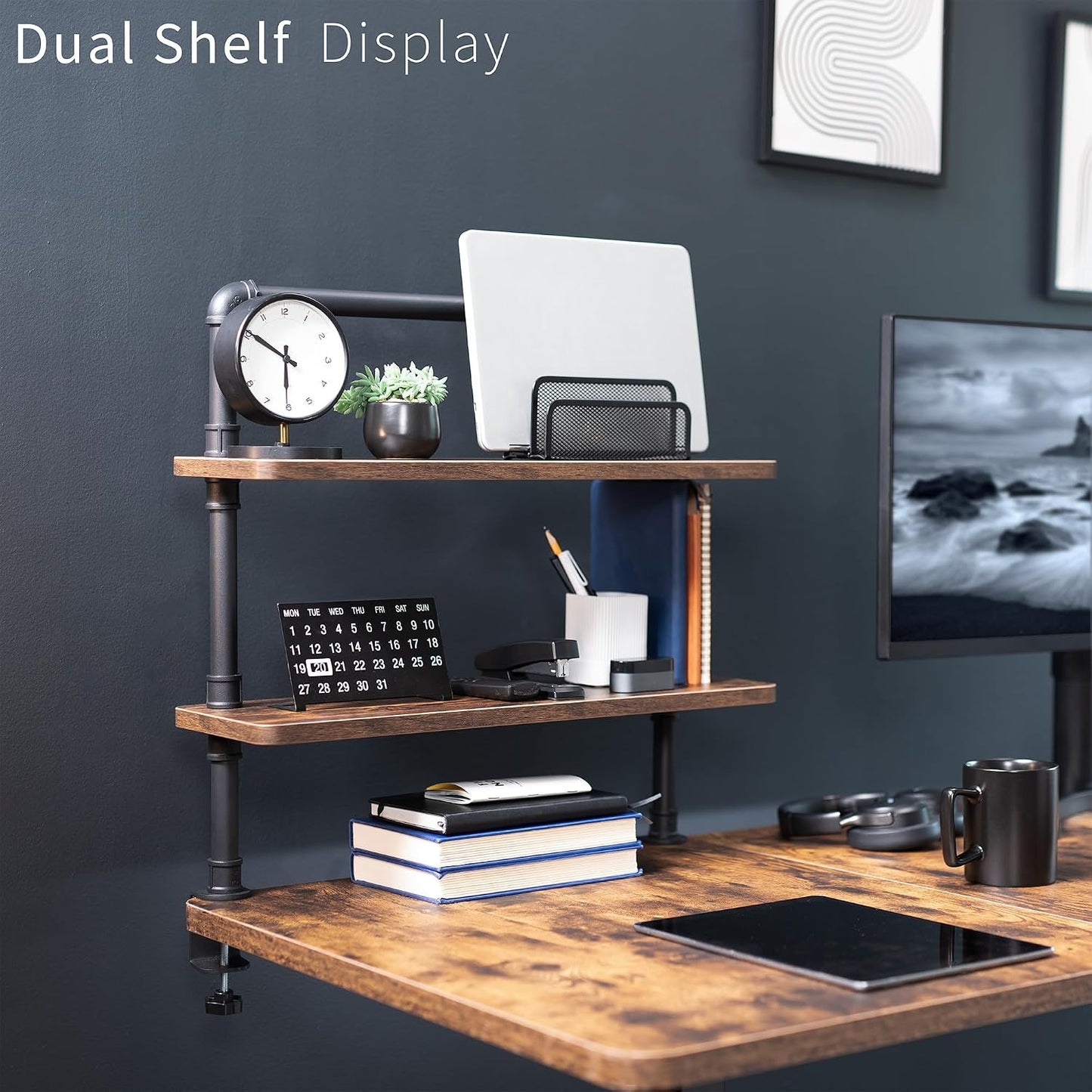 VIVO Clamp-on Premium 24 inch Industrial Pipe 2-Tier Tabletop Shelving, Heavy Duty Desk Extension Organizer, Modern