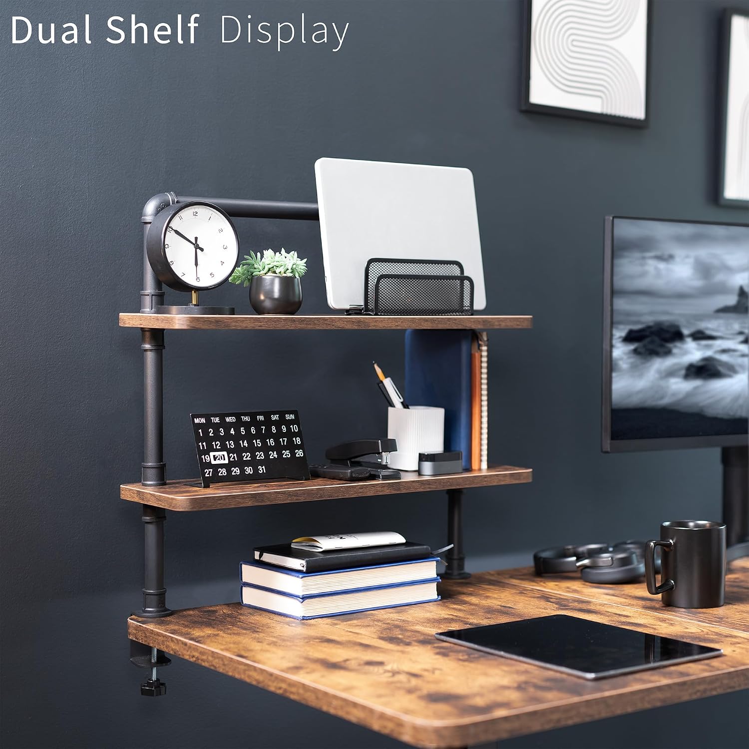 VIVO Clamp-on Premium 24 inch Industrial Pipe 2-Tier Tabletop Shelving, Heavy Duty Desk Extension Organizer, Modern