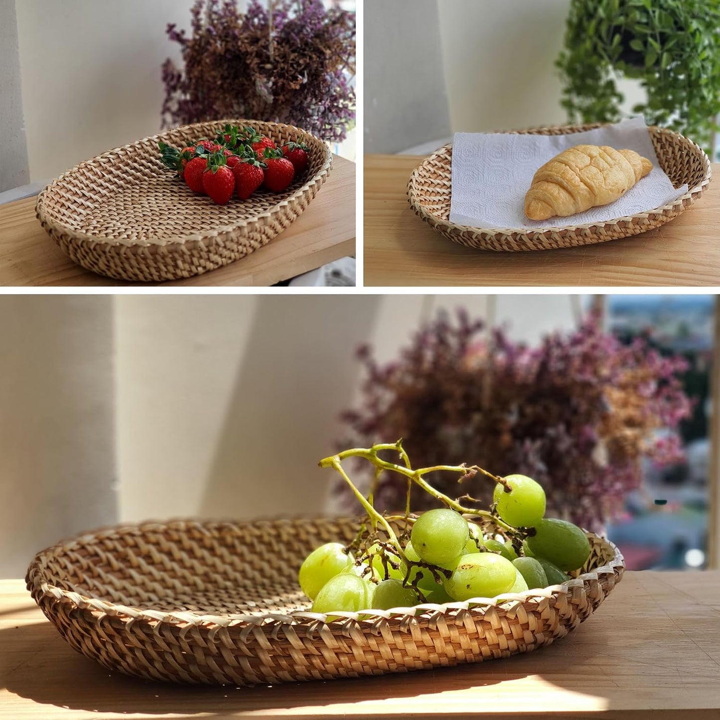 Rattan Bread Basket for Serving " Oval Wicker Fruit Tray Handmade Small / 12 x 8 x 2 / Natural