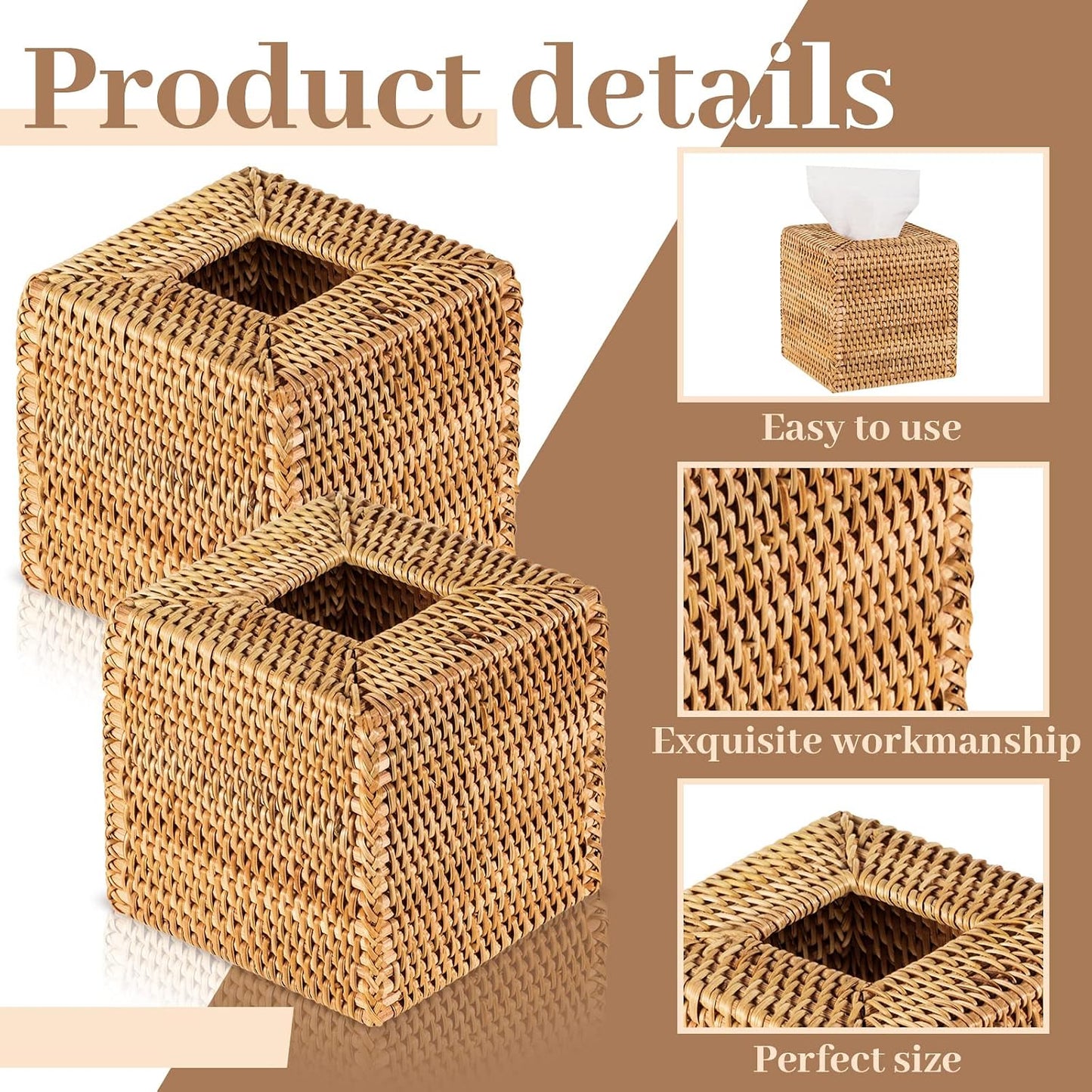 Square Rattan Tissue Box Cover Boho Wicker Tissue Cube Box Cover 5.5'' x / Wood / Natural / Set of 2
