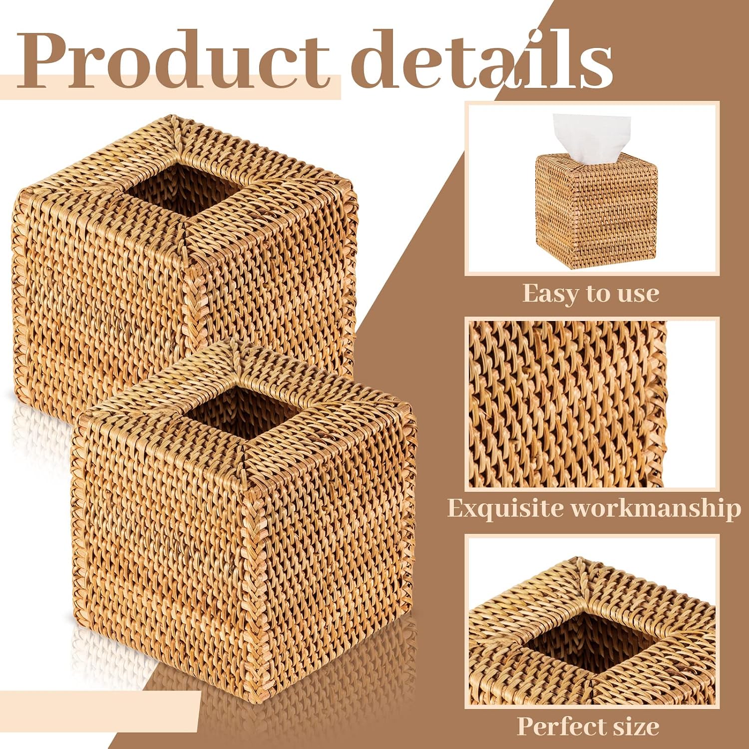 Square Rattan Tissue Box Cover Boho Wicker Tissue Cube Box Cover 5.5'' x / Wood / Natural / Set of 2
