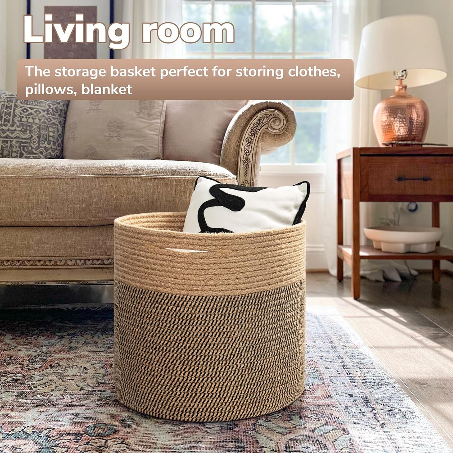 Large Cotton Rope Basket " Wicker Basket for Blankets / Black & Jute / 15.8 x 15.8 x 13.8
