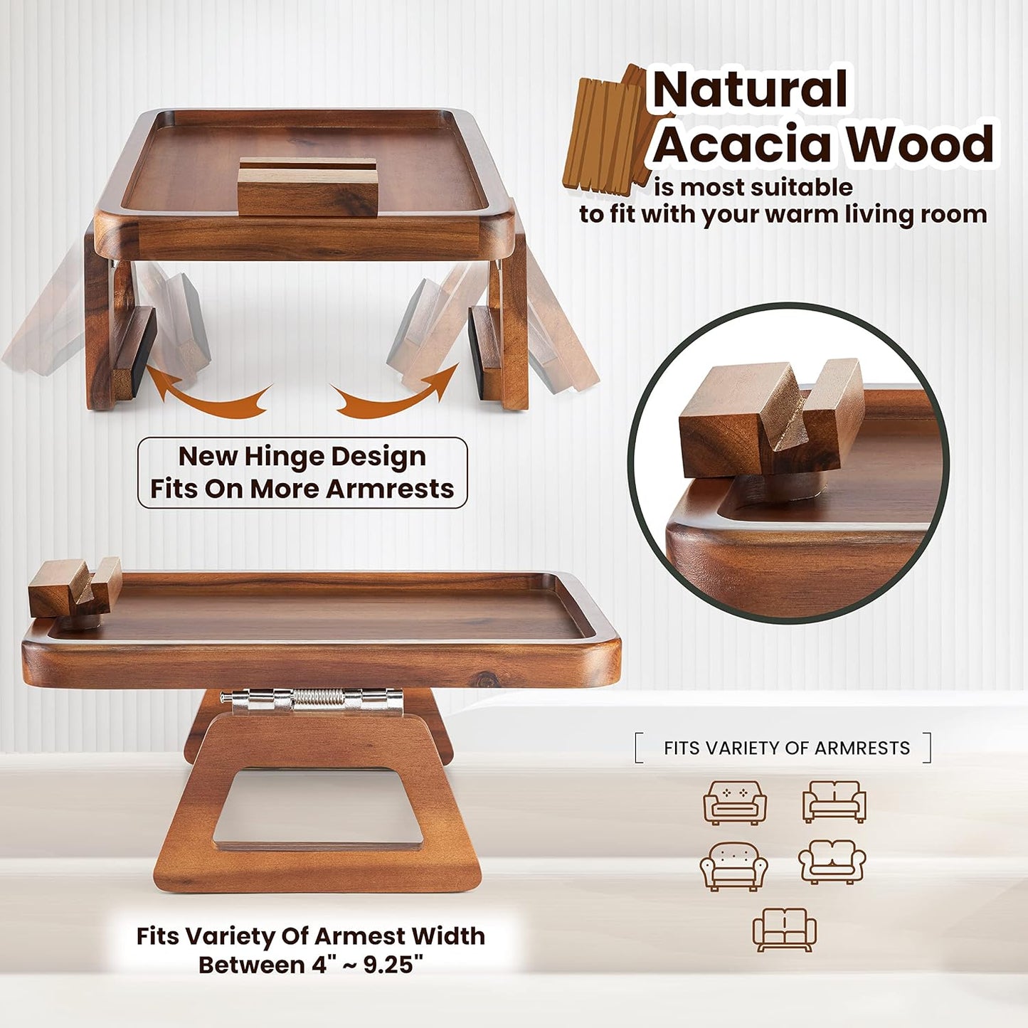 Wood Sofa Armrest Tray / Acacia / 13.8 x 9.5 x 1
