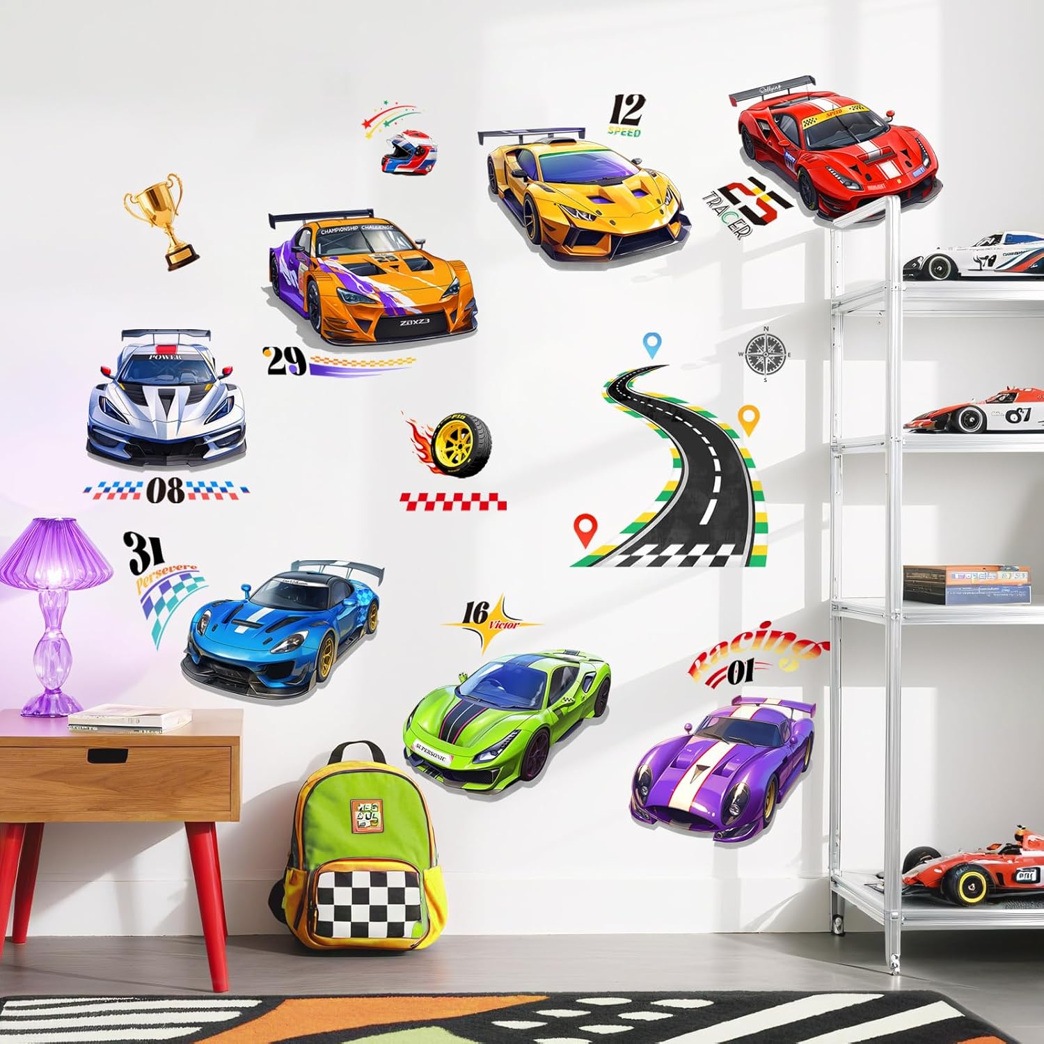 Racing Car Wall Decals Roads Vehicles Wall Stickers Vinyl Peel and Stick Art Decor for Boys Bedroom
