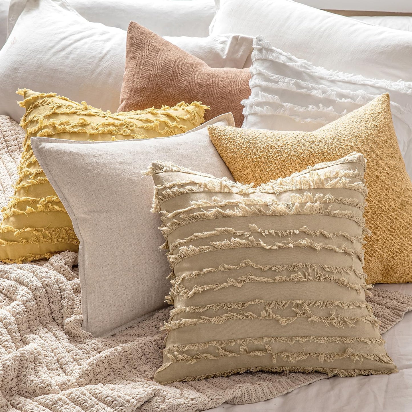 Decorative Boho Throw Pillow Covers Linen Striped Jacquard Pattern / 18 x 18 / White / Set of 2