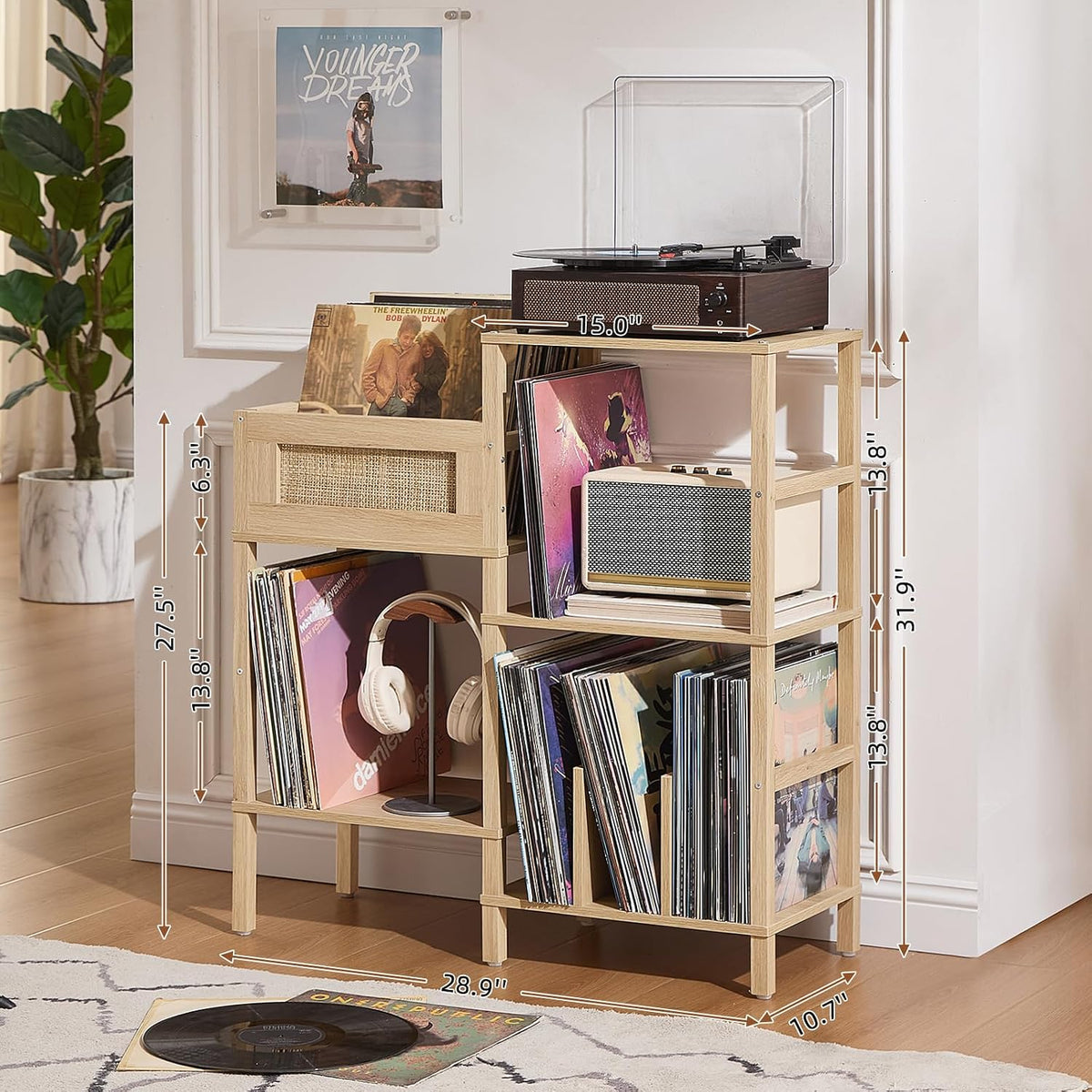 Record Player Stand, Natural Oak Wood Record Holder with Vinyl Storage Holds up to 300+ Albums, 3-Tier Rattan Media