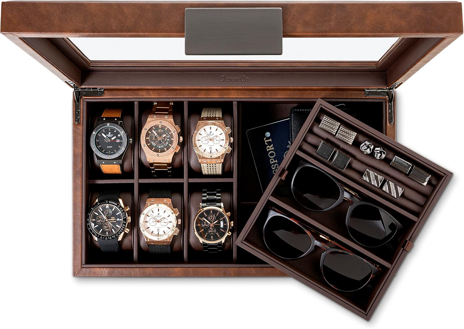 Glenor Co Valet Jewelry Box for Men - Holds 6 Watches, 12 cufflinks, 2 Sunglasses & Tray Storage - Mens Watch Case