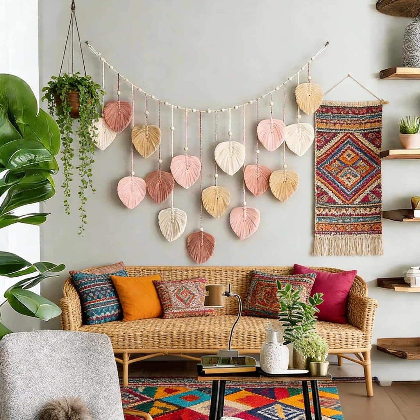 Macrame Leaves Wall Hanging Large Chic Feather Boho Macrame Wall / Pink - 47.3*29.5in / 47.3 x 29.5