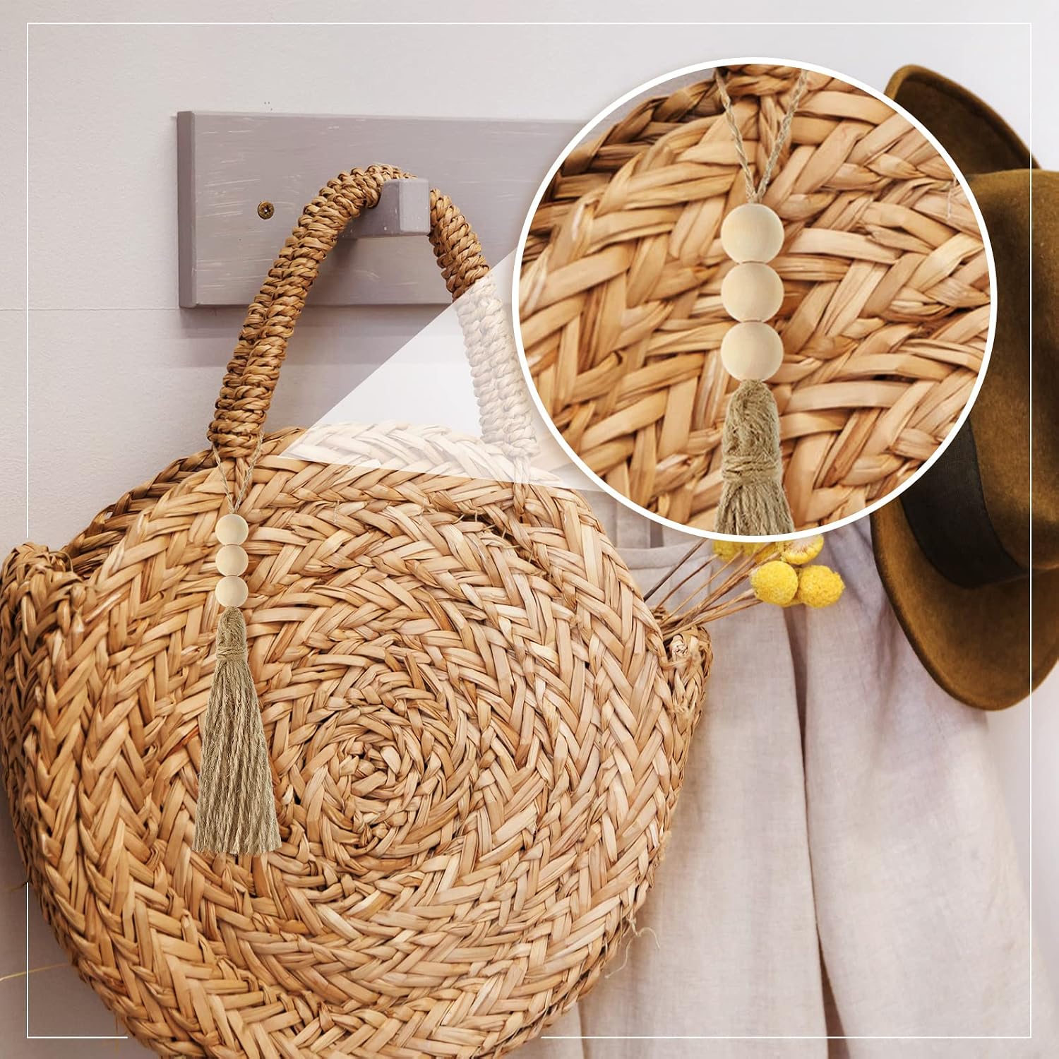 3 Wood Beads Jute Rope Burlap Tassels for Christmas Tree DIY Craft Wood Beads / Natural / Set of 40