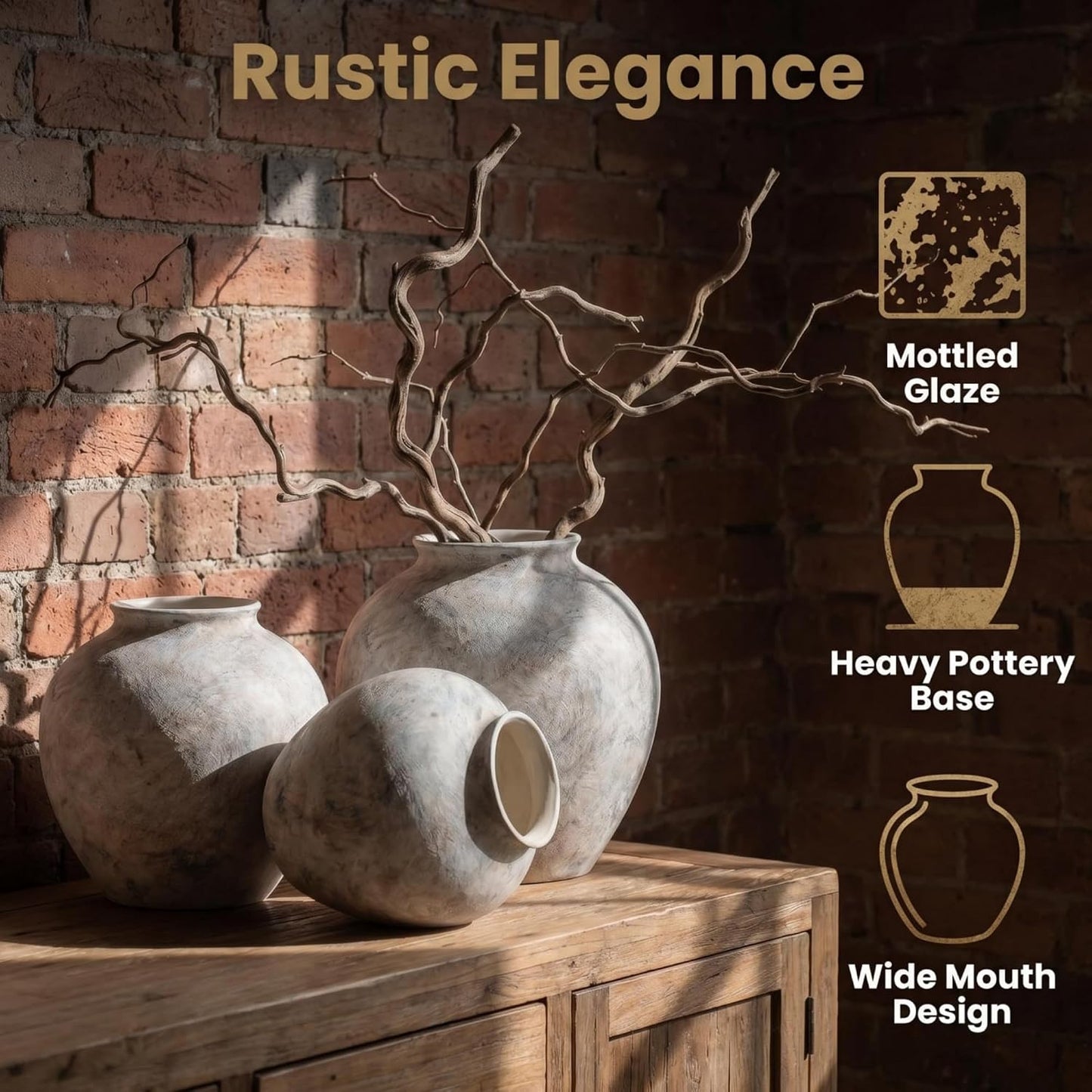 Aged Stone Rustic Ceramic Farmhouse Home Decor Dried Flower Vase / L Off-white / 8.3 Inch
