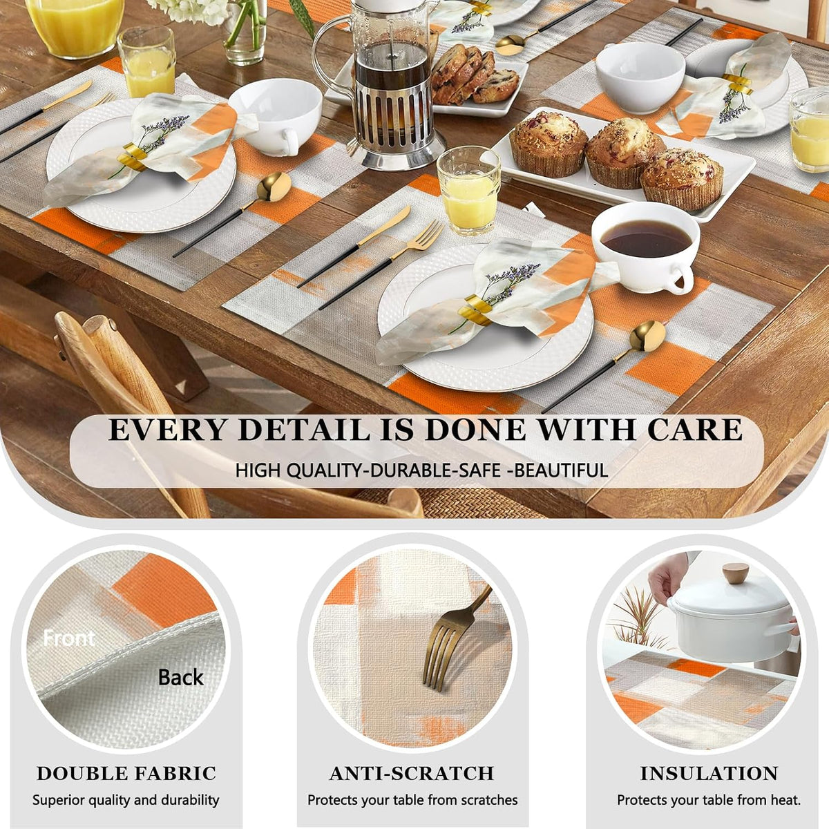 Mcalk 4 Each Orange Placemats and Cloth Napkins Set of 8, Modern Art Placemat, Abstract Brown Cloth Napkin for Home