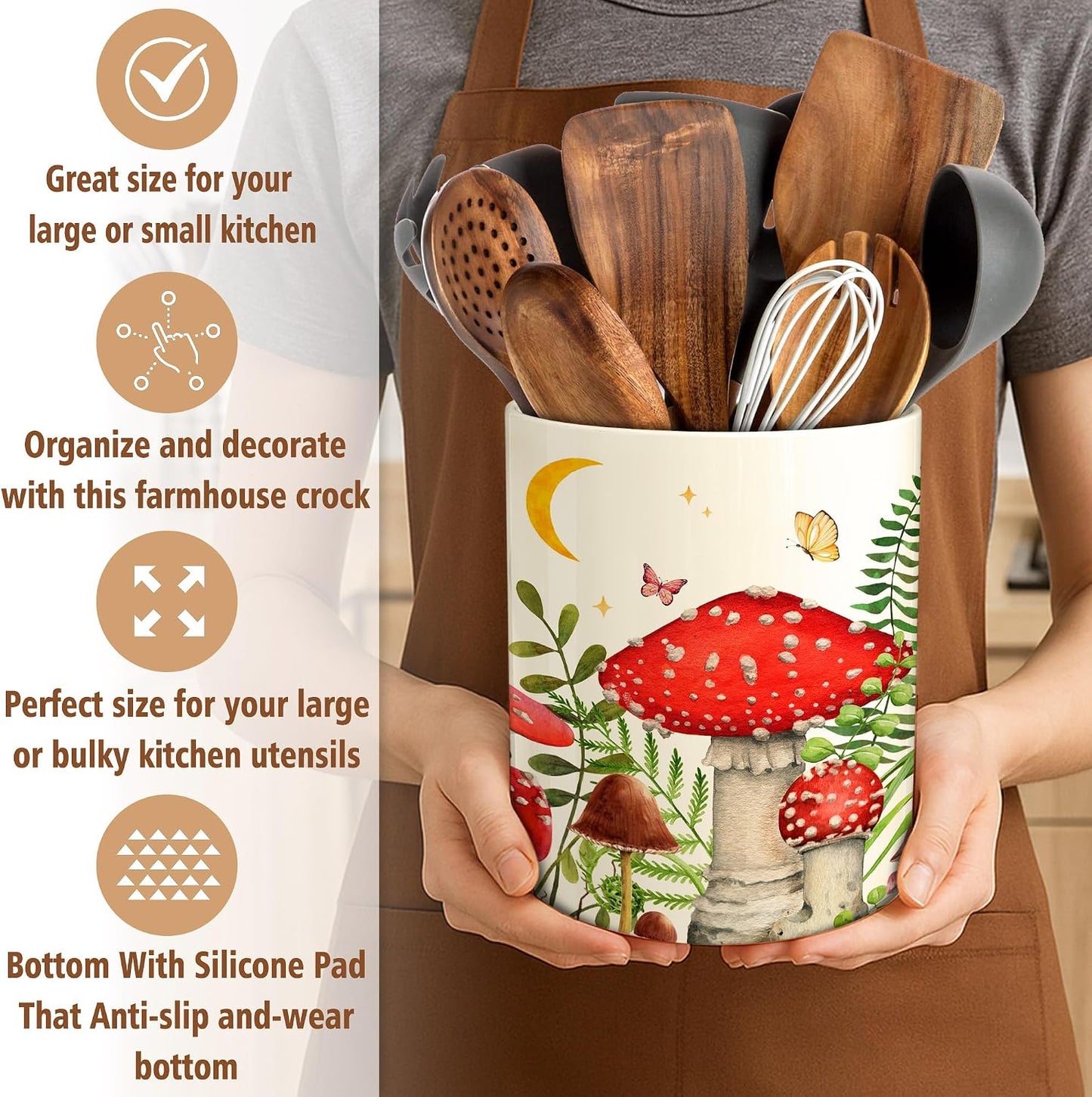 Kitchen Decor Ceramic Utensil Holder for Farmhouse Indoor Kitchen / Mushroom