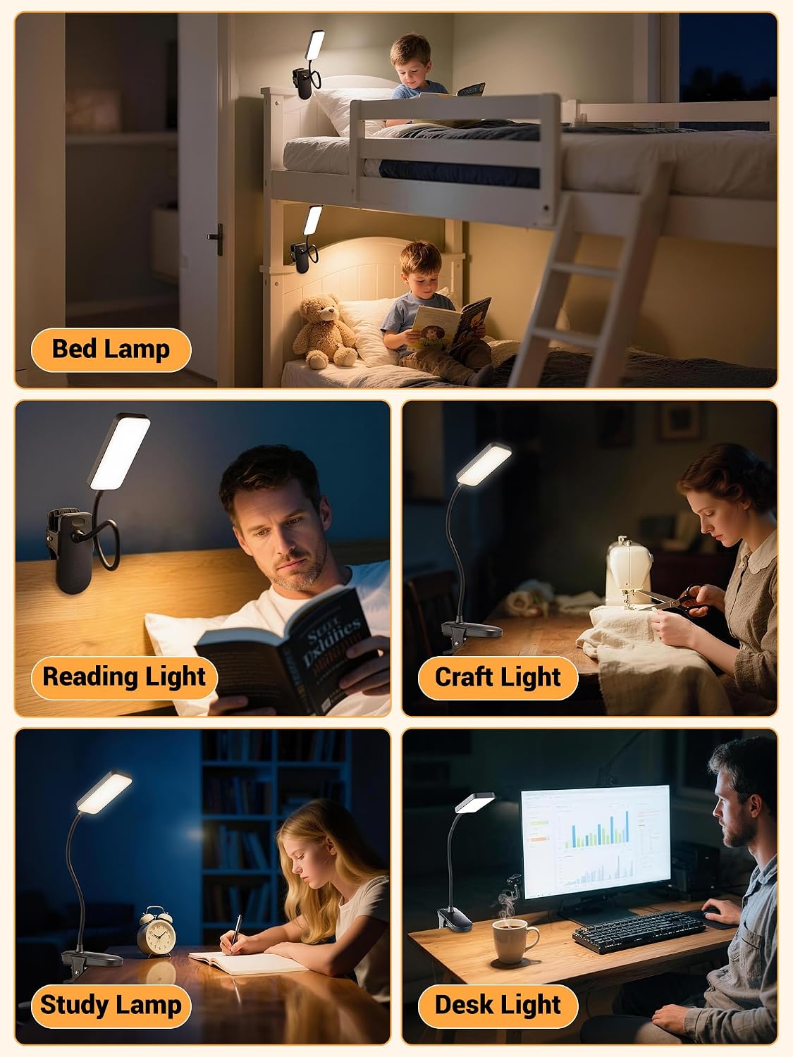 Clip on Light,9 Brightness+5 Color Rechargeable Lamp,48 LED Small Desk Lamp | 4000mAh Battery Powered Lamp,450 Lumen