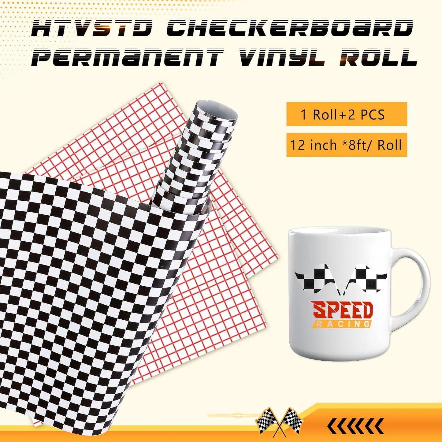 12'' x Racing Falg Patterned Adhesive Vinyl for Mugs Decors Self Adhesive / Checked / Black / 8 Inch