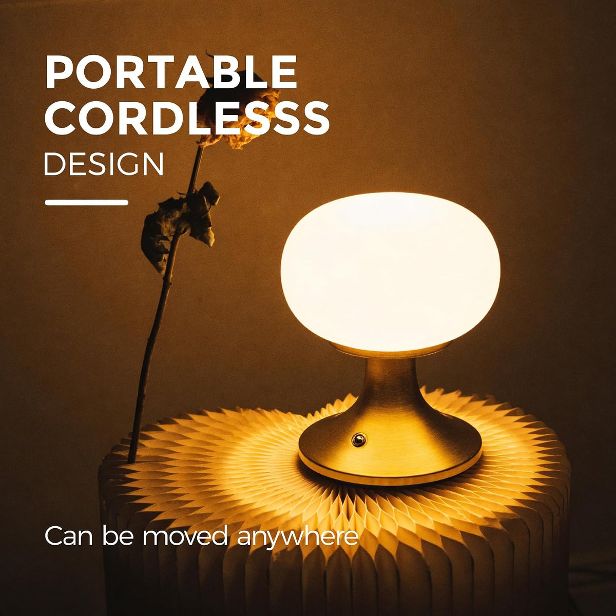 Cordless Mushroom Table Lamp - Stepless Dimming - 2700K Warm Light - Gold | Aluminum Base & Glass Shade - 150LM