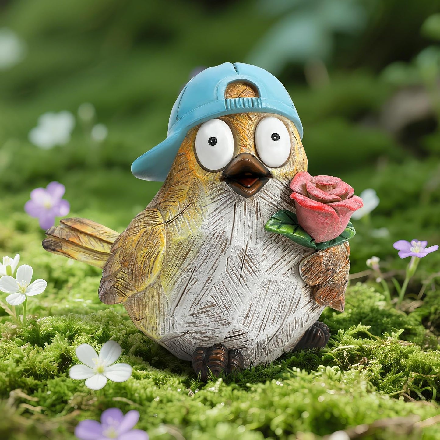 Garden Bird Statue for Decorations Outdoor Animal Figurines Little Bird Holding Flowers Sculpture