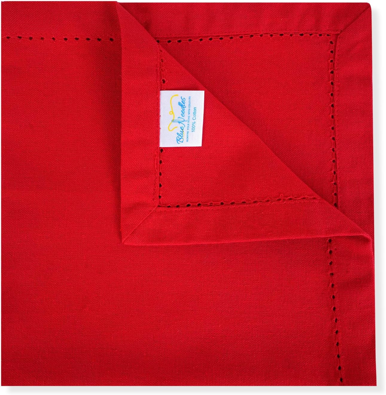 Blue Needles Set of 12 Hemstitch Linen Napkins 100% Cotton Red Cloth Dinner Napkins 18x18 inches, Soft, Reusable