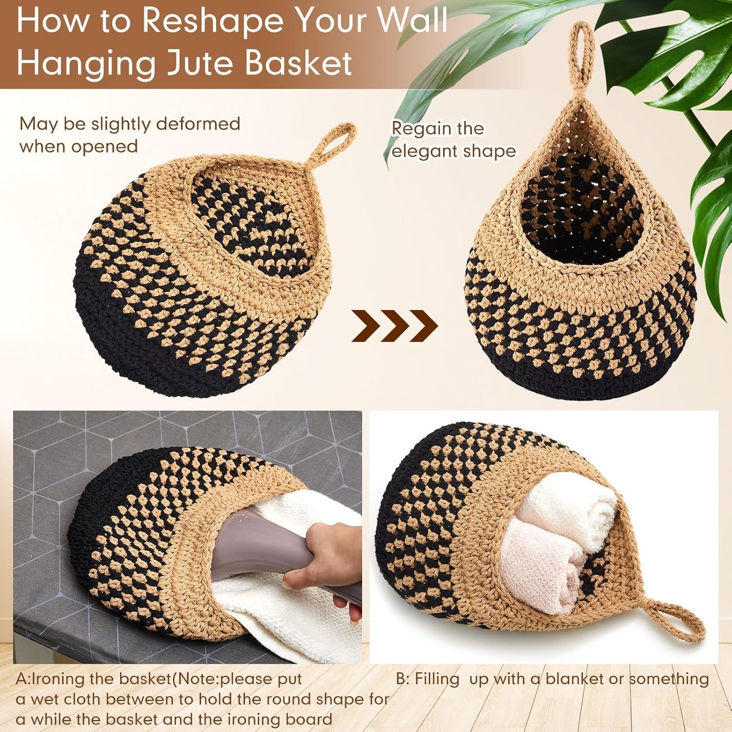 Boho Decor Hanging Wall Baskets / Linen with Black / Cotton Rope / Teardrop / Set of 3