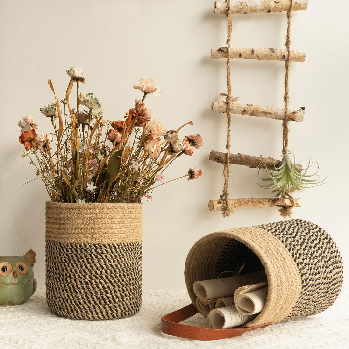 Small Woven Fern Wall Hanging Basket Flower Plants / Jute & Black / 7.87 x 7 / Set of 2