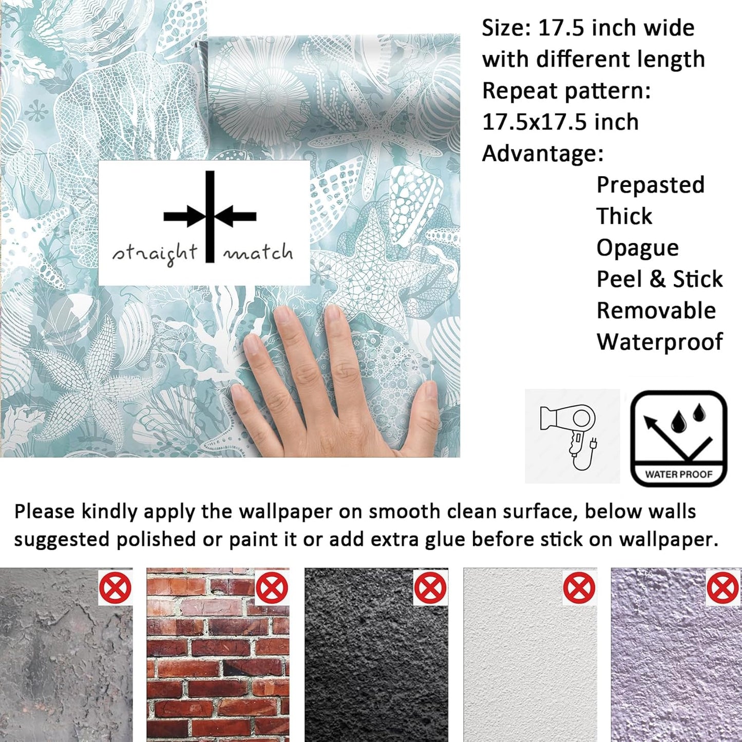 Blue Coastal Wallpaper Peel and Stick Self Adhesive Contact Paper / 17.5 x 276 / Blue Ocean