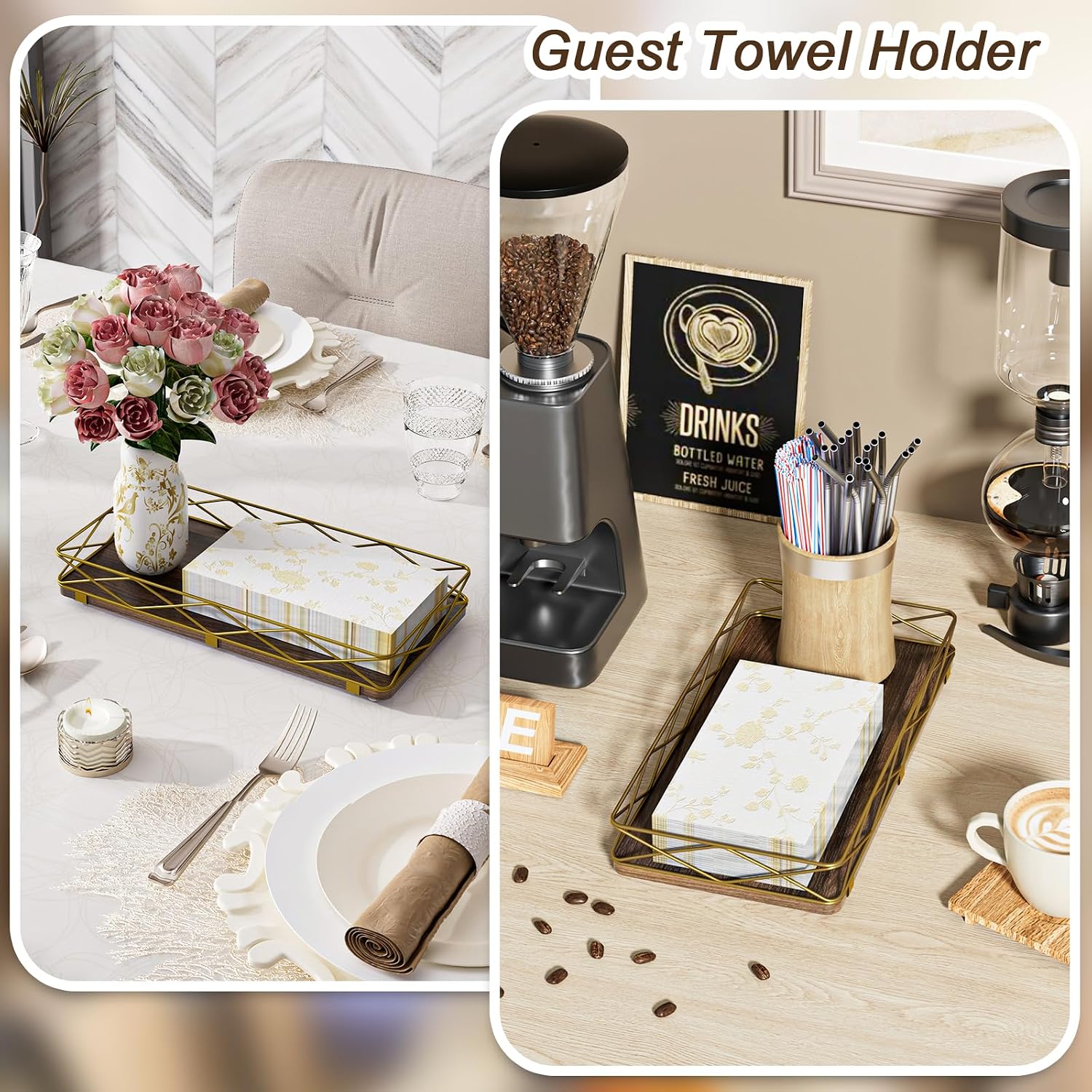 Wood and Metal Toilet Tray Vanity Organizer Bathroom Tray / Brown+gold