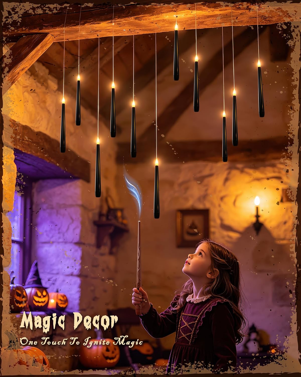 20PCS Black Floating and Hanging Flameless Taper Candles with Wand Remote, Battery Operated Gothic Halloween Candles