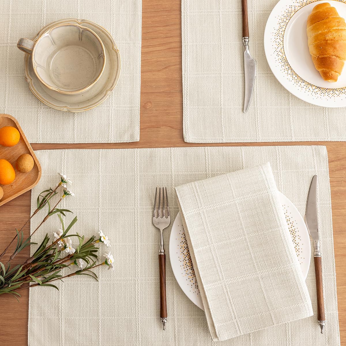 Linen Checked Placemats Set of 6, Ivory Rustic Place Mats 12x18 Inch | Raised Grid Embroidery Design, Machine Washable