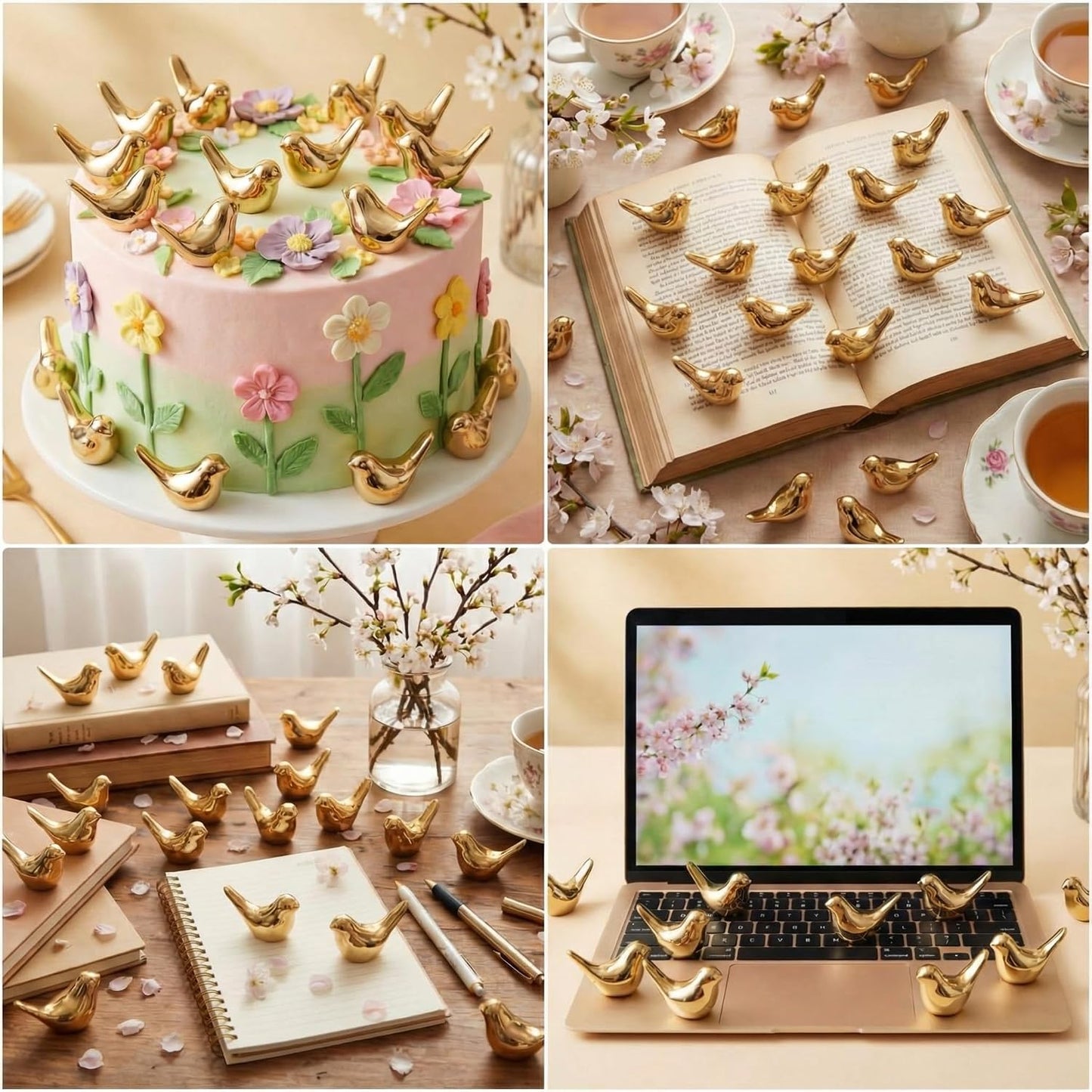 Golden Mini Bird Figurines Miniature Resin Bird Statues Small Animal Statues / Gold / Set of 100