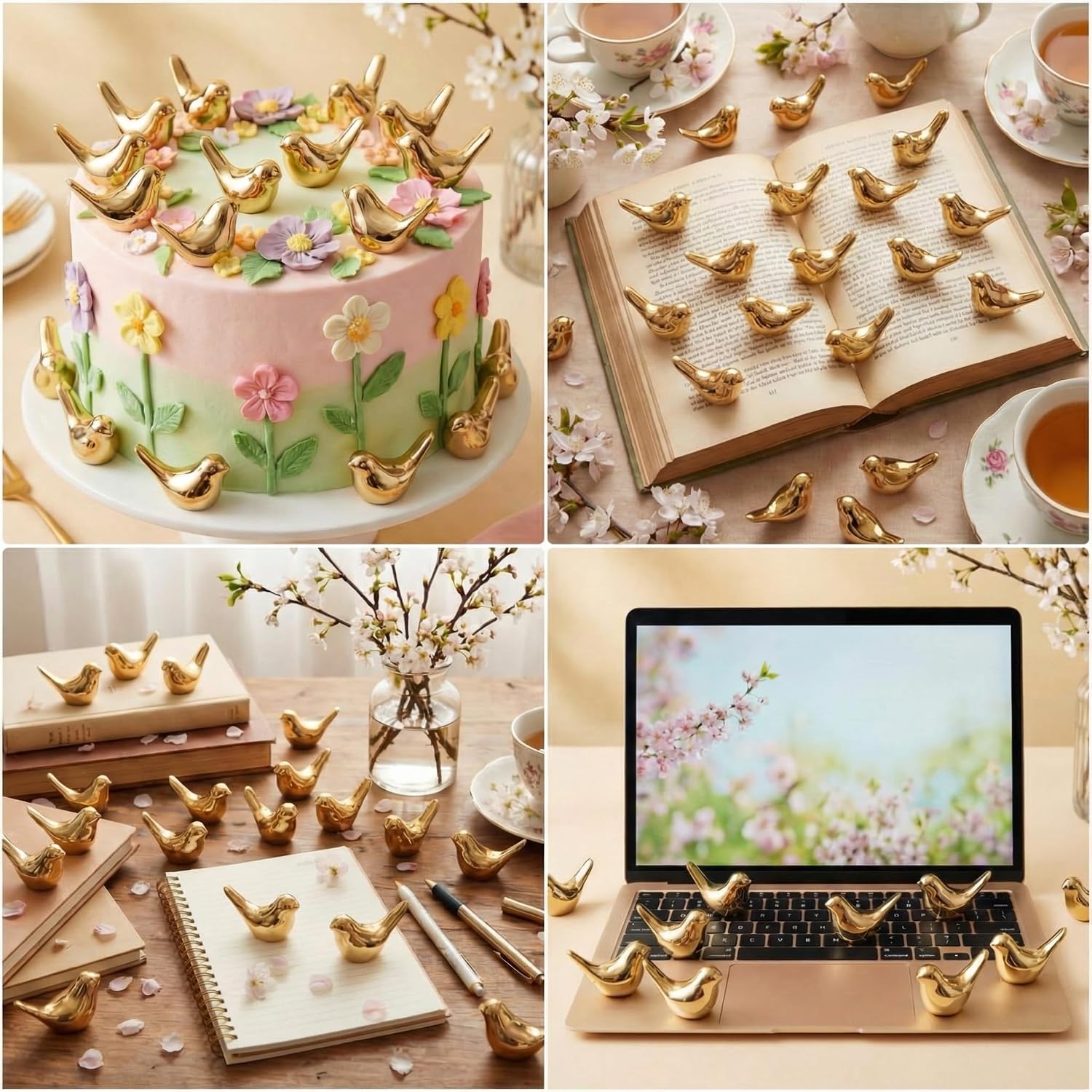 Golden Mini Bird Figurines Miniature Resin Bird Statues Small Animal Statues / Gold / Set of 100