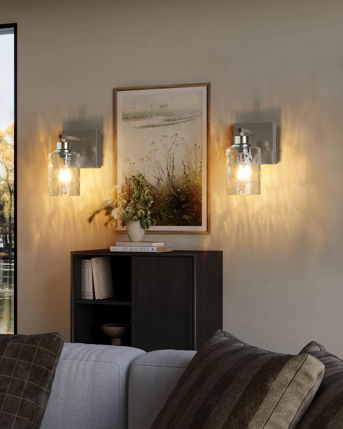Hammered Glass Wireless Battery Operated Wall Sconces Set of Two Nickel | Dimmable Rechargeable Wall Lights with Remote