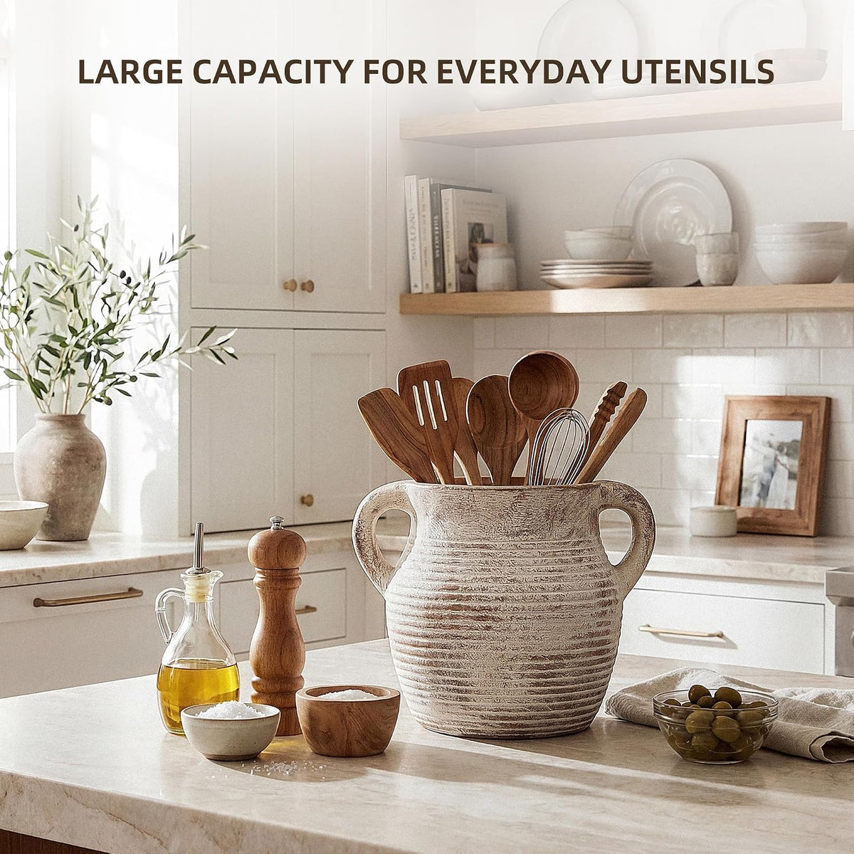 Rustic Utensil Holder for Kitchen Counter - Large Ceramic Farmhouse Cooking Utensil Crock & Organizer for Spatula
