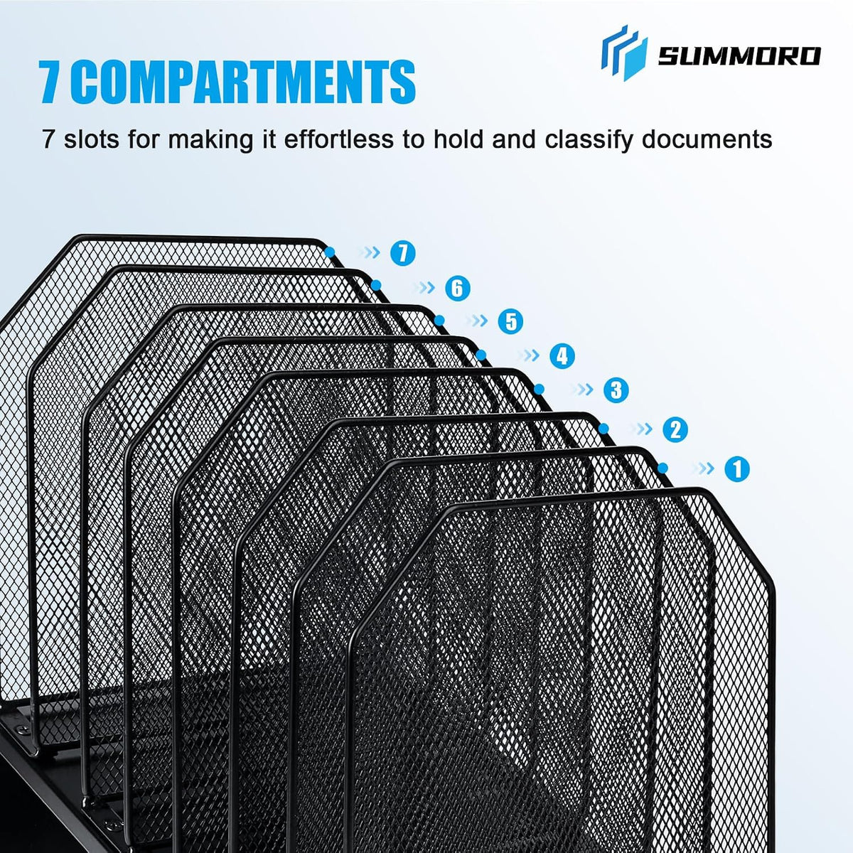 SUMMORO Inclined File Organizer for Desk, 7-Section Vertical File Holder | Office Desk Organizer Metal Rack File