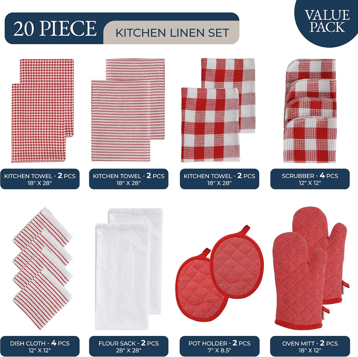 LANE LINEN Cotton Kitchen Towels and Dishcloths 20 Pack - Large Dish Towels Set for Holiday Hosting, Fast Drying Dish